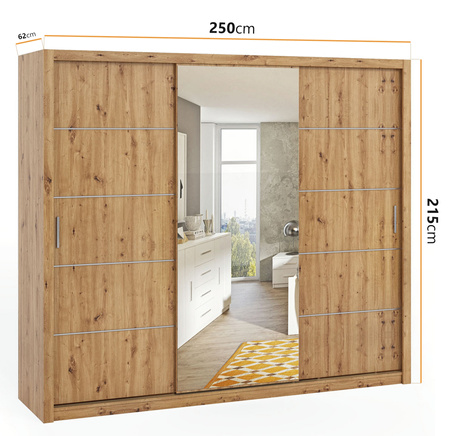 Schiebetürenschrank Tamiza 250 cm mit Spiegel Eiche Artisan