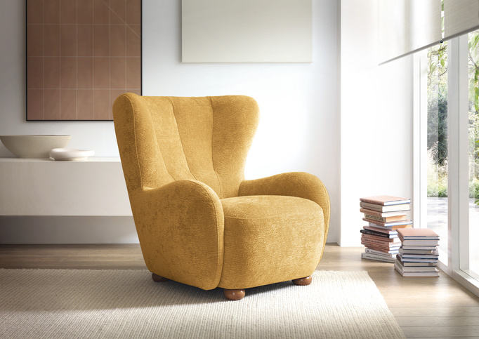 Sessel FILO Ohrensessel Dress Me 08 Senfgelb Strukturstoff Holzkugeln