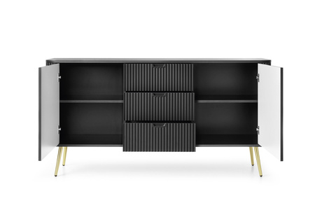 Kommode Porto 168 cm schwarz, zweitürig mit drei Schubladen und goldenen Beinen