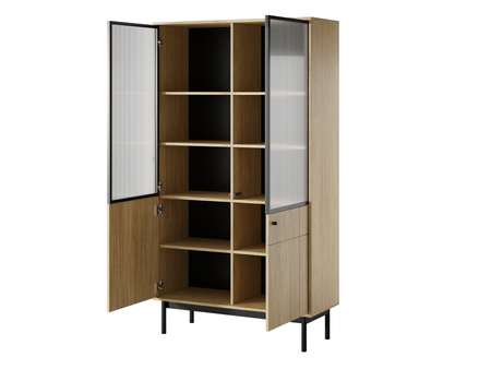 Vitrine Sora, Höhe 185 cm, in Eiche Linea mit schwarzen Füßen
