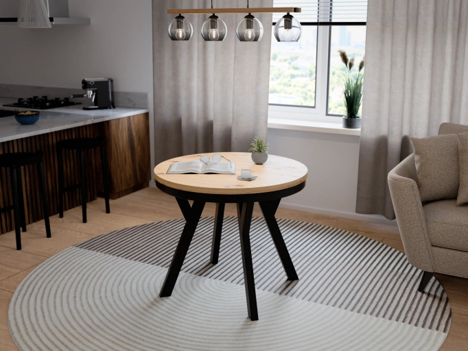 Runder Esstisch Ausziehbar ARI 90-190 cm Eiche Artisan – Metallbeine Schwarz