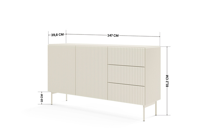 Sideboard MUTI kaschmir 147 cm 3 schubladen riffeloptik push-to-open