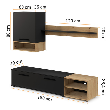 Wohnwand Vento 180 cm – modernes TV-Möbel-Set für das Wohnzimmer, mattes Schwarz und Artisan-Eiche