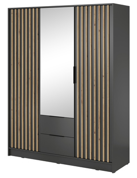 Kleiderschrank Stilo in Graphitgrau, dreitürig, mit Spiegel und Lamellenfront