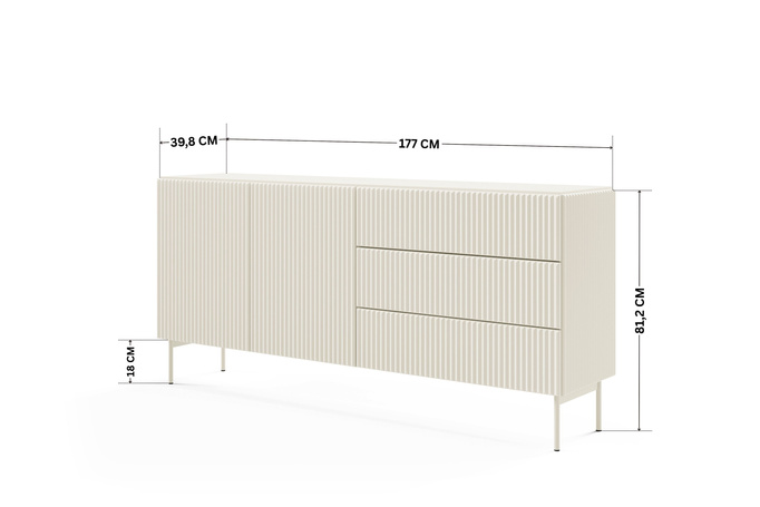 Sideboard MUTI kaschmir 177 cm 3 schubladen riffeloptik push-to-open