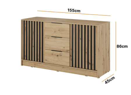 Kommode Stilo 155 cm in Eiche Artisan + schwarze Lamellen
