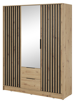 Kleiderschrank Stilo in Eiche Artisan, dreitürig, mit Spiegel und Lamellenfront