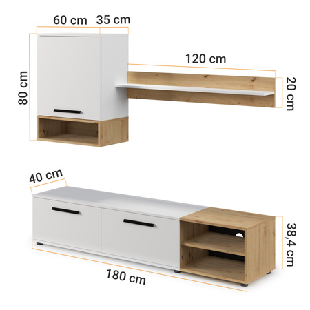 Wohnwand Vento 180 cm – mattweiß und Eiche Artisan, modernes TV-Möbel-Set für das Wohnzimmer