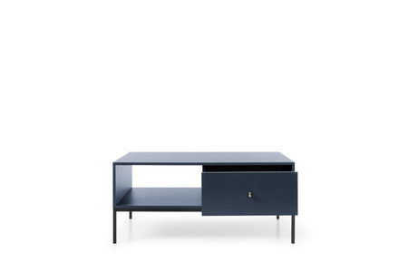 Rechteckige Couchtisch Bari mit zwei Schubladen, marineblau + goldene Füße