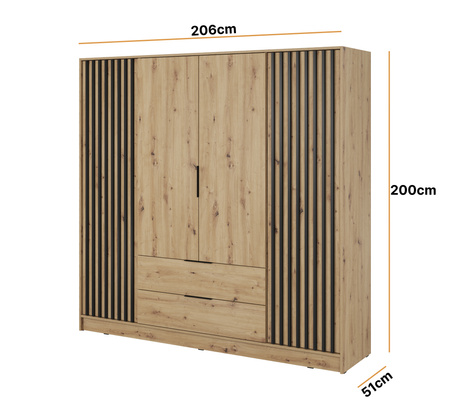Garderobenschrank Stilo in Eiche Artisan mit vier Türen, Schubladen und Lamellen an der Vorderseite
