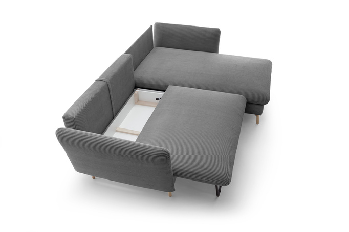 Ecksofa MORRE rechts dicker Cord Poso 60 stahlgrau Schlaffunktion Skandi-Stil