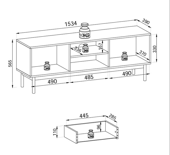 TV-Schrank Sora 154 cm in Eiche Linea mit schwarzen Füßen