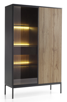 Vitrine Lagos 166 cm hoch, 2D1SZ mit Metallfüßen in Schwarz + LED