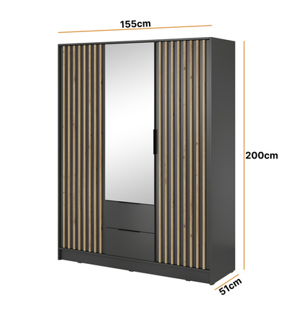 Kleiderschrank Stilo in Graphitgrau, dreitürig, mit Spiegel und Lamellenfront