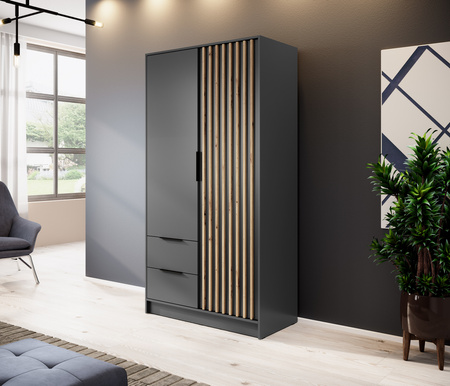Kleiderschrank Stilo in Graphit mit zwei Türen, Schubladen und Lamellen an der Vorderseite