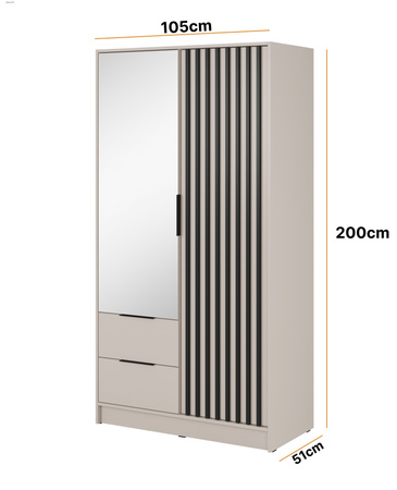 Kleiderschrank Stilo in Kaschmirfarbe, zweitürig, mit Spiegel und Lamellen an der Vorderseite