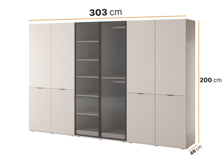 Sechs-türiger Schrank Zen in der Farbe Kaschmir + geriffeltes Glas
