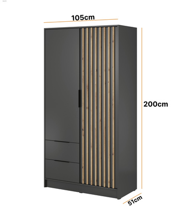 Kleiderschrank Stilo in Graphit mit zwei Türen, Schubladen und Lamellen an der Vorderseite
