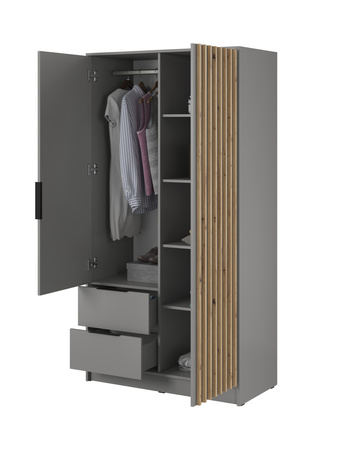 Kleiderschrank Stilo in Grau, zweitürig, mit Spiegel und Lamellen an der Vorderseite