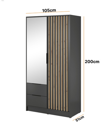 Kleiderschrank Stilo in Graphit, zweitürig, mit Spiegel und Lamellen an der Vorderseite