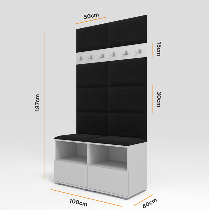 Gepolsterte Garderoben-Set Nela III – Farbe Graphit + Stoff Trinity 16