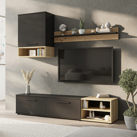 Wohnwand Vento 180 cm – modernes TV-Möbel-Set für das Wohnzimmer, mattes Schwarz und Artisan-Eiche