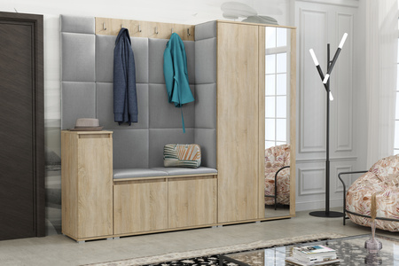 Gepolstertes Garderoben-Set Noris VIII mit Spiegel – Farbe Sonoma + Stoff Trinity 32
