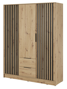 Kleiderschrank Stilo in Eiche Artisan, dreitürig, mit Schubladen und Lamellen an der Vorderseite