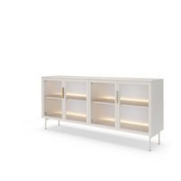 Sideboard LUMI 181 cm Kaschmir – 4 Türen, Riffelglas, Goldene Griffe, LED