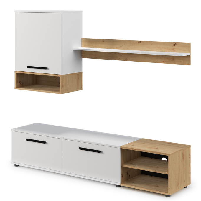 Wohnwand Vento 180 cm – mattweiß und Eiche Artisan, modernes TV-Möbel-Set für das Wohnzimmer