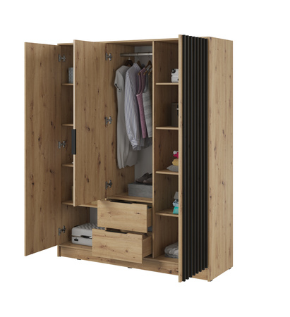 Kleiderschrank Stilo in Eiche Artisan, dreitürig, mit Schubladen und Lamellen an der Vorderseite