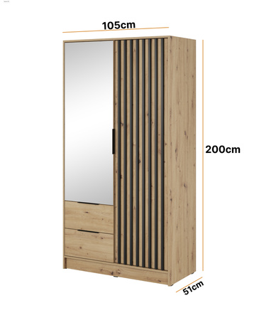 Kleiderschrank Stilo in Eiche Artisan, zweitürig, mit Spiegel und Lamellen an der Vorderseite