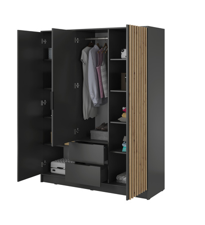 Kleiderschrank Stilo in Graphitgrau, dreitürig, mit Spiegel und Lamellenfront