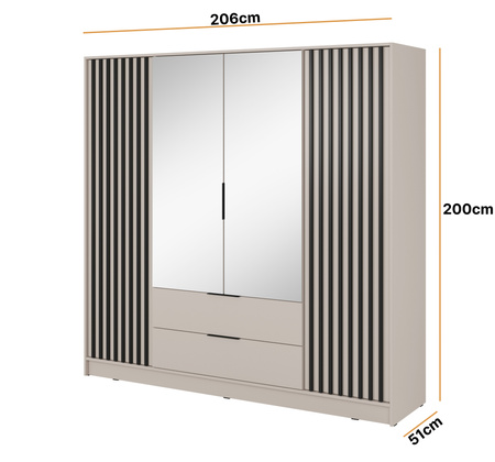 Garderobenschrank Stilo in Kaschmirfarbe, vier Türen, mit Spiegel und Lamellen an der Vorderseite