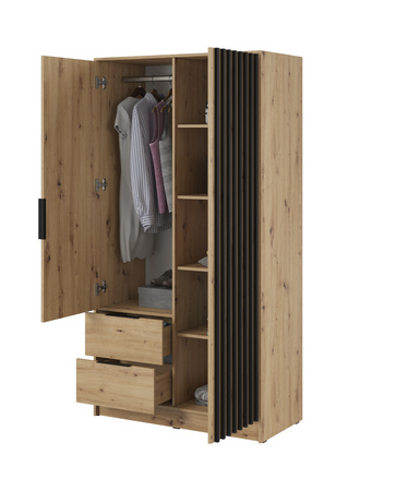 Kleiderschrank Stilo in Eiche Artisan, zweitürig, mit Spiegel und Lamellen an der Vorderseite