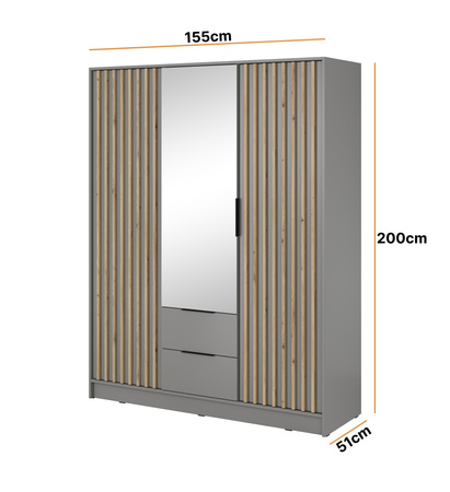 Kleiderschrank Stilo in Grau, dreitürig, mit Spiegel und Lamellen an der Vorderseite