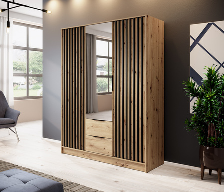 Kleiderschrank Stilo in Eiche Artisan, dreitürig, mit Spiegel und Lamellenfront