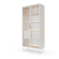 Vitrine Hoch LUMI 92 cm Kaschmir – Riffelglas, Goldene Griffe, LED-Beleuchtung