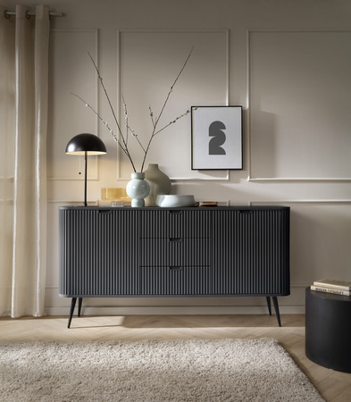 Kommode Porto 168 cm schwarz, zweitürig mit drei Schubladen und goldenen Beinen
