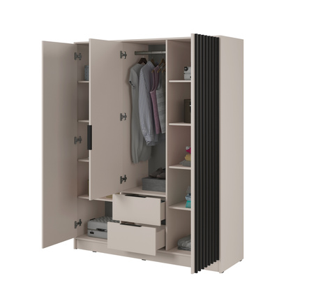 Kleiderschrank Stilo in Kaschmirfarbe, dreitürig, mit Spiegel und Lamellen an der Vorderseite