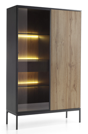 Vitrine Lagos 166 cm hoch, 2D1SZ mit Metallfüßen in Schwarz + LED