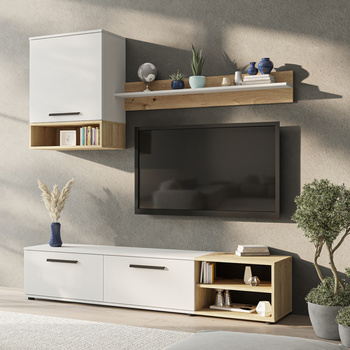 Wohnwand Vento 180 cm – mattweiß und Eiche Artisan, modernes TV-Möbel-Set für das Wohnzimmer