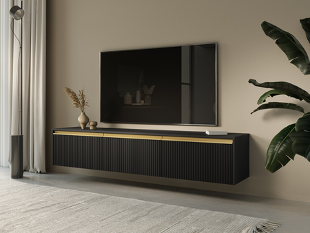 Loren TV-Schrank 180 cm in Schwarz mit drei Türen und geriffelten Fronten