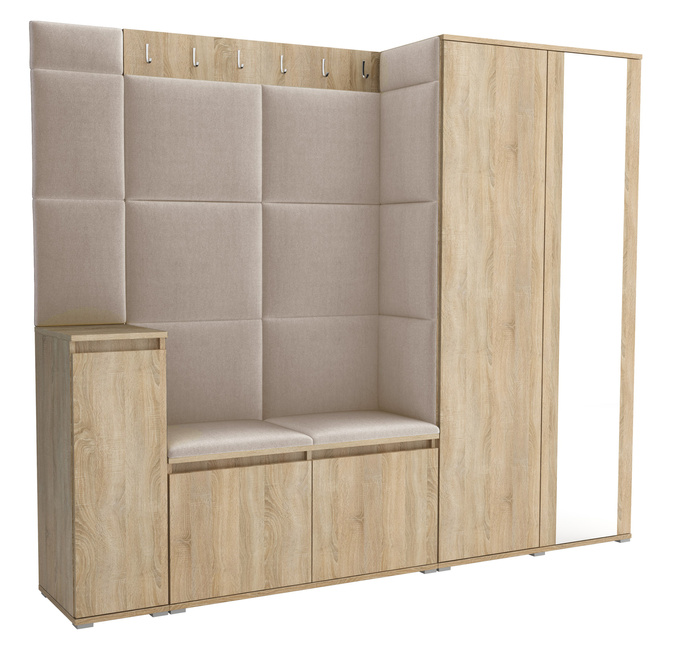 Gepolstertes Garderoben-Set Noris VIII mit Spiegel – Farbe Sonoma + Stoff Trinity 04