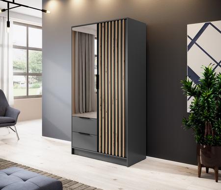 Kleiderschrank Stilo in Graphit, zweitürig, mit Spiegel und Lamellen an der Vorderseite