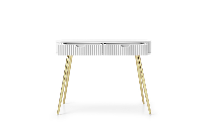 Schminktisch Porto 103 cm mit zwei Schubladen und geriffelten Fronten in Weiß + goldene Beine
