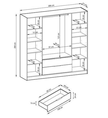 Garderobenschrank Stilo in Eiche Artisan, vier Türen, mit Spiegel und Lamellen an der Vorderseite