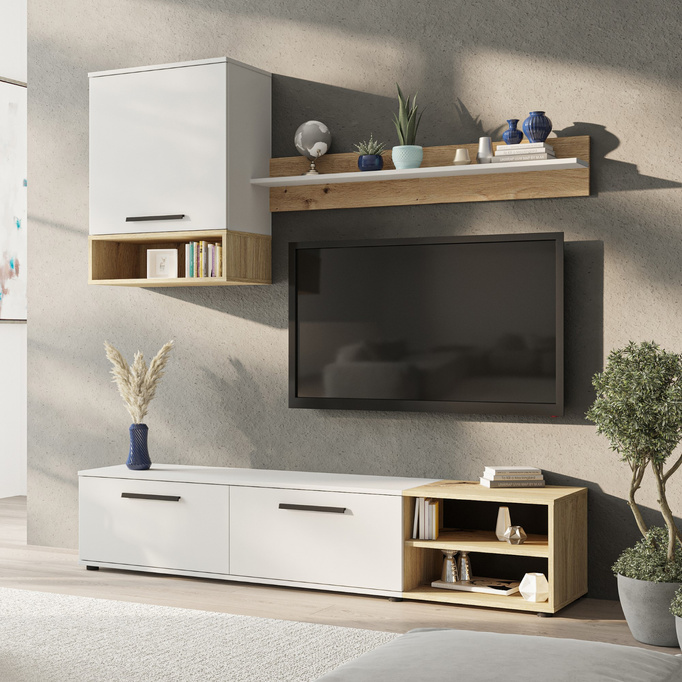 Wohnwand Vento 180 cm – mattweiß und Eiche Artisan, modernes TV-Möbel-Set für das Wohnzimmer