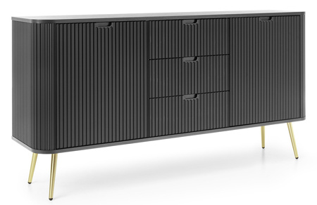 Kommode Porto 168 cm schwarz, zweitürig mit drei Schubladen und goldenen Beinen