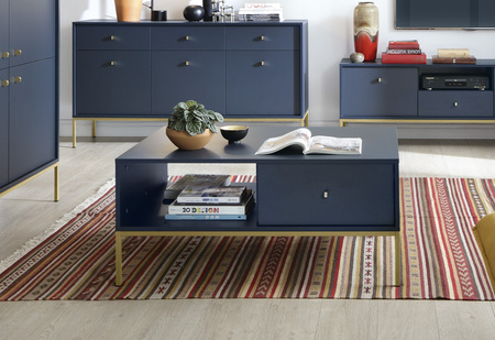 Rechteckige Couchtisch Bari mit zwei Schubladen, marineblau + goldene Füße